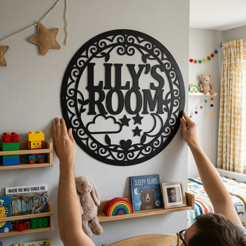 Personalized round moon and stars kids name sign with cloud in black steel – image 3
