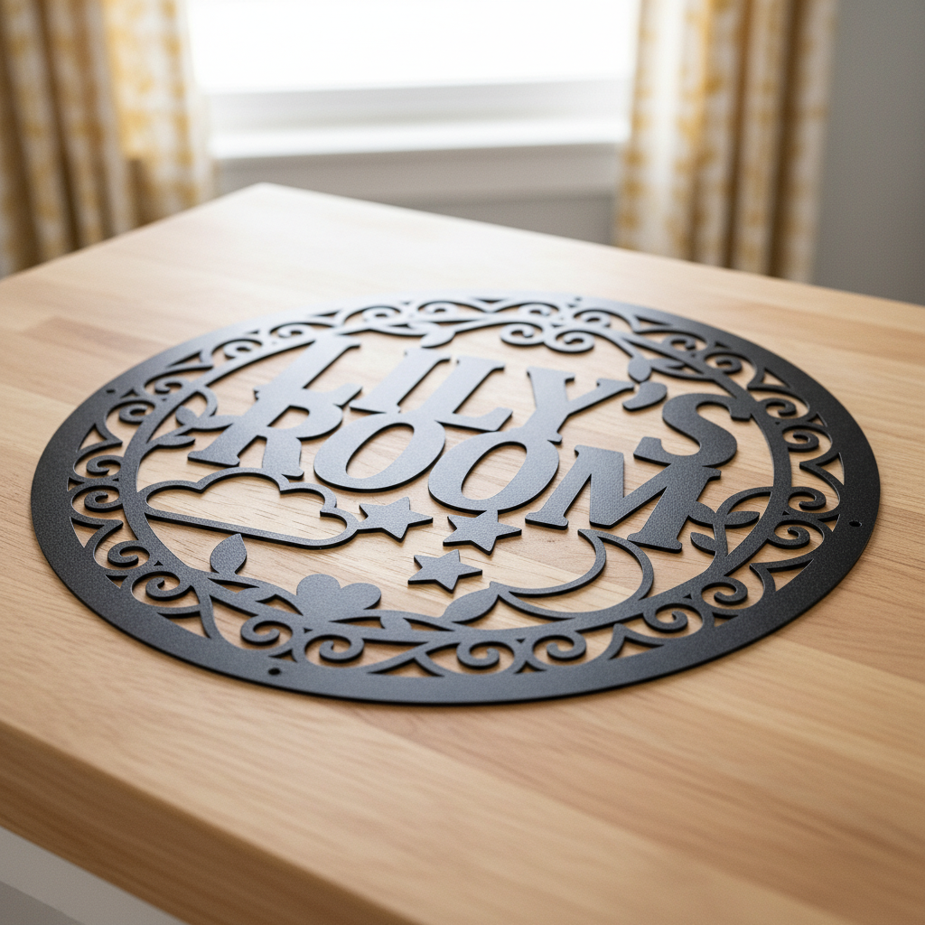 Personalized round moon and stars kids name sign with cloud in black steel – image 4
