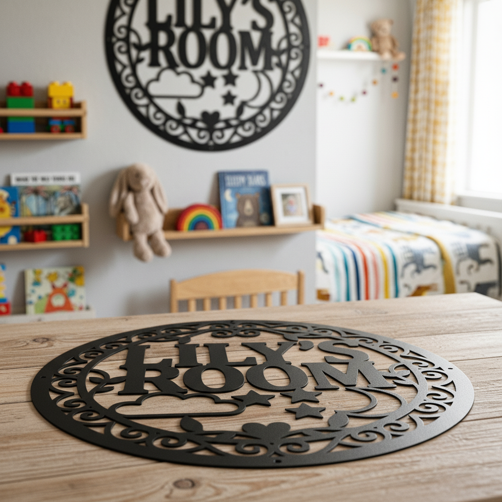 Personalized round moon and stars kids name sign with cloud in black steel – image 5