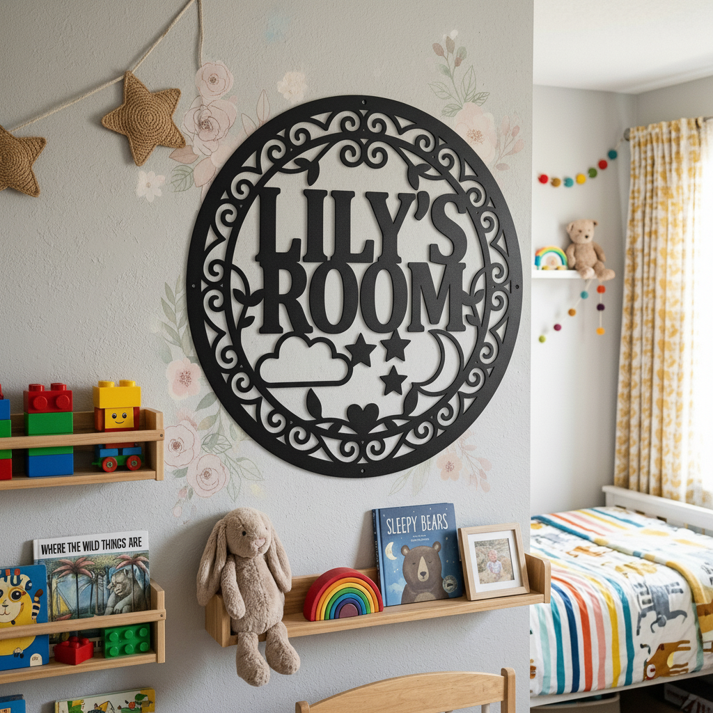 Personalisiertes rundes Türschild Kinderzimmer mit Wolke, Mond und Sternen aus Stahl – Bild 6