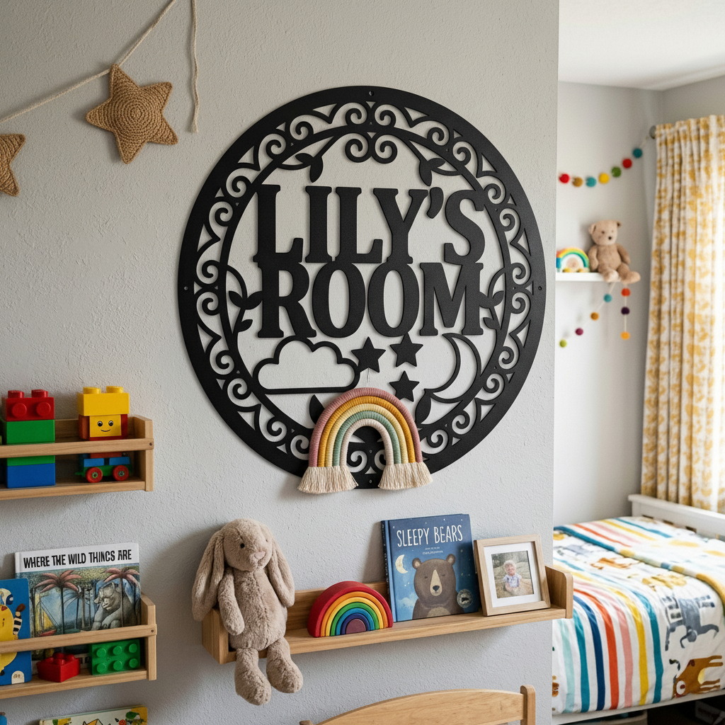 Personalized round moon and stars kids name sign with cloud in black steel