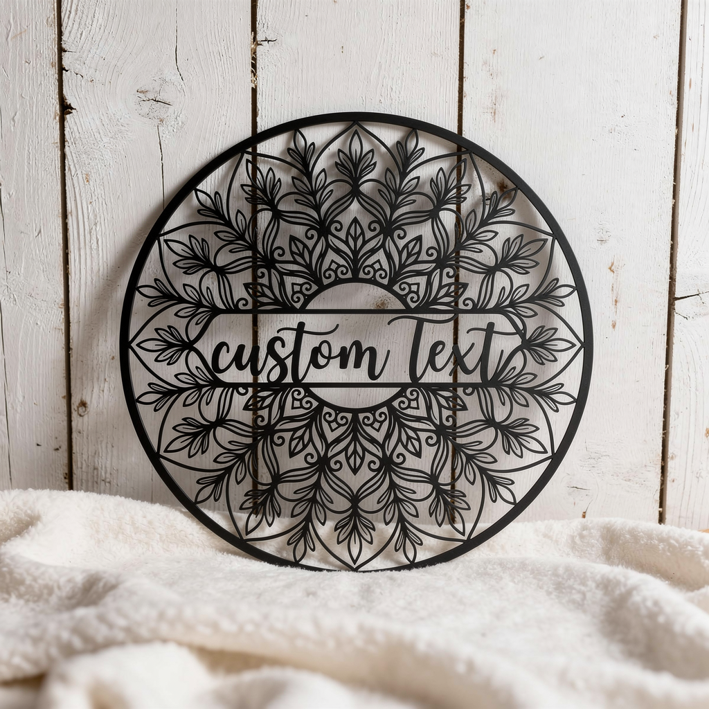 Personalized round floral mandala name sign in black steel