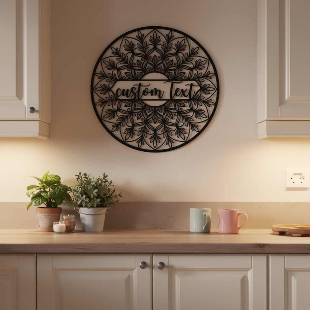 Personalized round floral mandala name sign in black steel – image 10