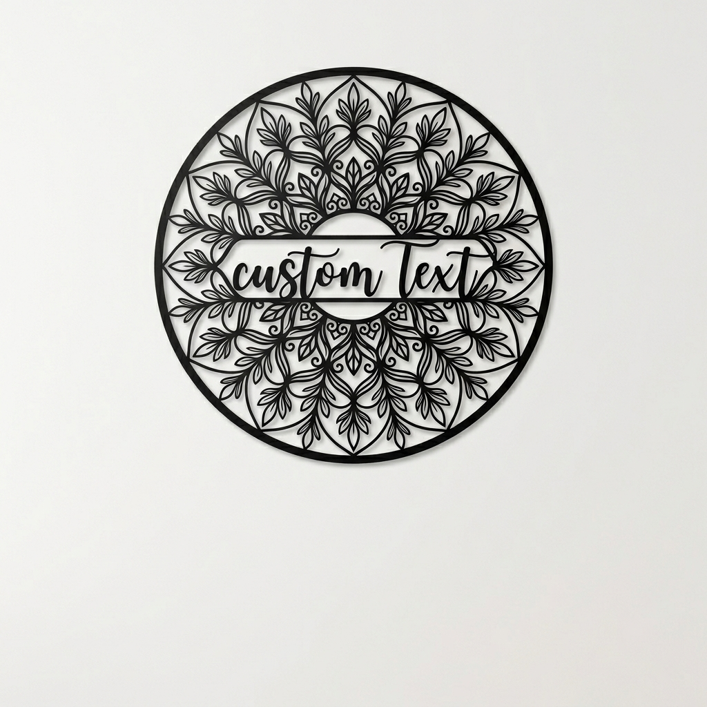 Personalized round floral mandala name sign in black steel – image 11