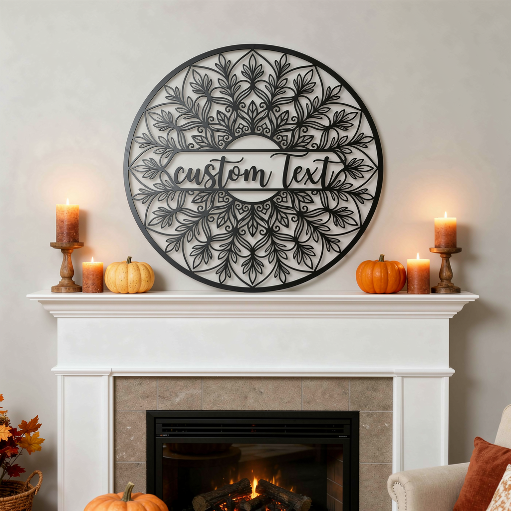 Personalized round floral mandala name sign in black steel – image 6
