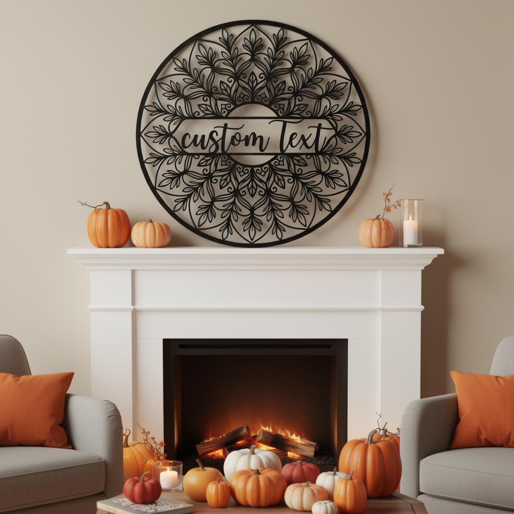 Personalized round floral mandala name sign in black steel – image 7