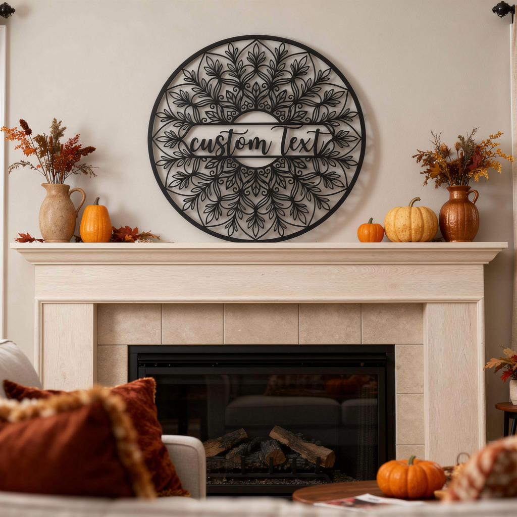 Personalized round floral mandala name sign in black steel – image 8