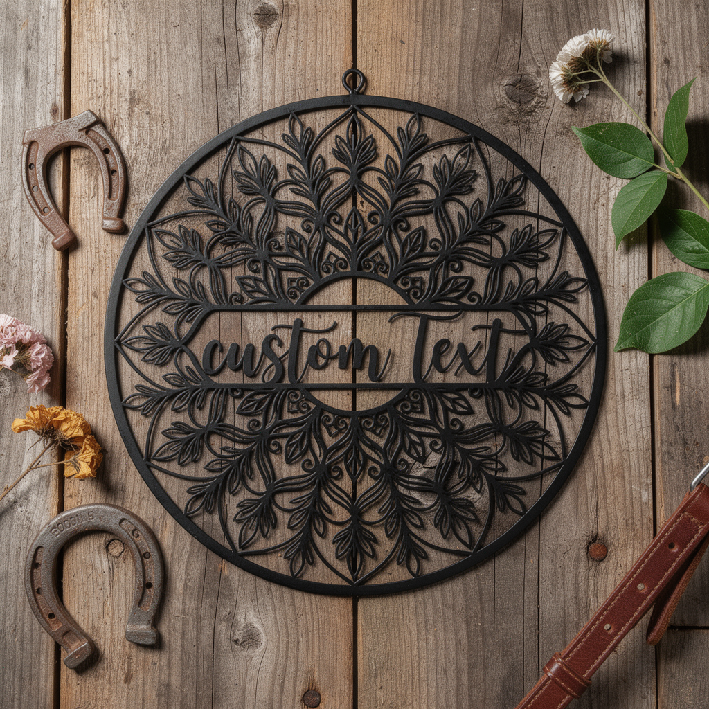 Personalized round floral mandala name sign in black steel – image 9