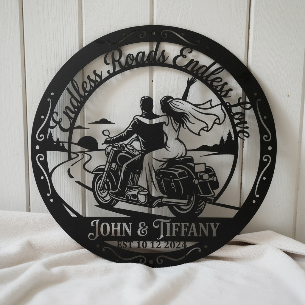 Personalisiertes Motorrad Hochzeitspaar Metallschild rund – Bild 1