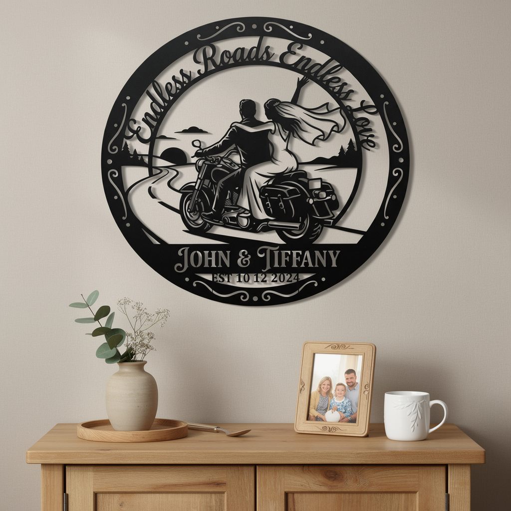Personalisiertes Motorrad Hochzeitspaar Metallschild rund – Bild 10