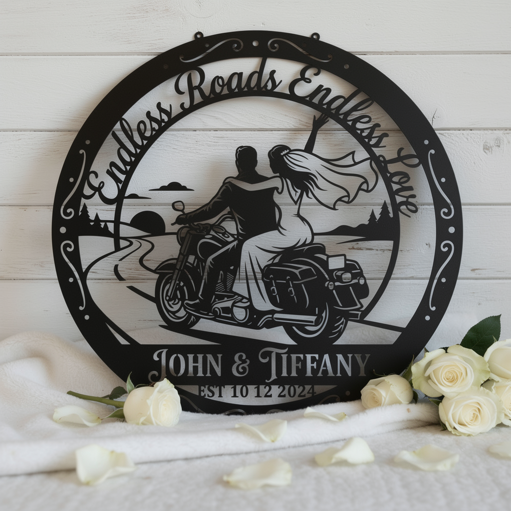 Personalisiertes Motorrad Hochzeitspaar Metallschild rund – Bild 12
