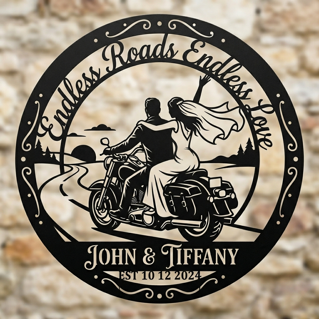 Personalisiertes Motorrad Hochzeitspaar Metallschild rund – Bild 13