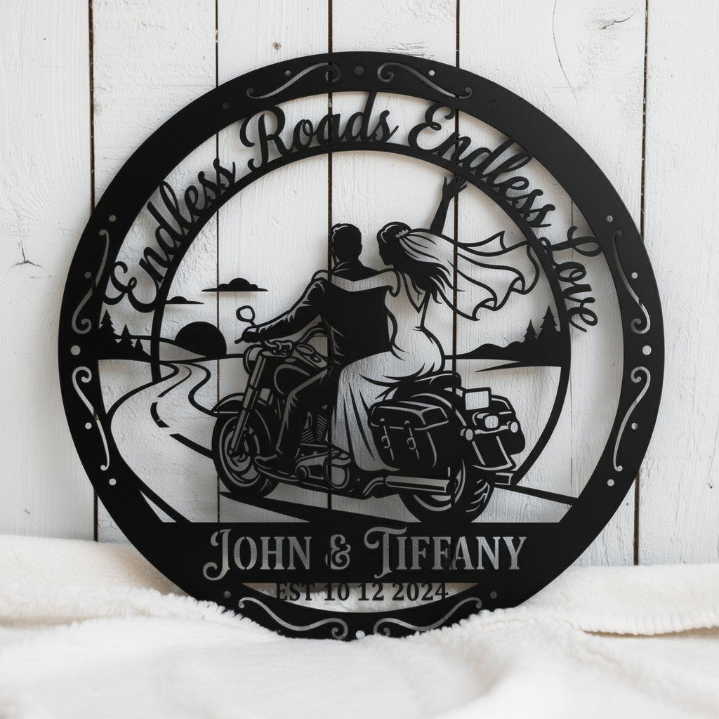 Personalisiertes Motorrad Hochzeitspaar Metallschild rund – Bild 2