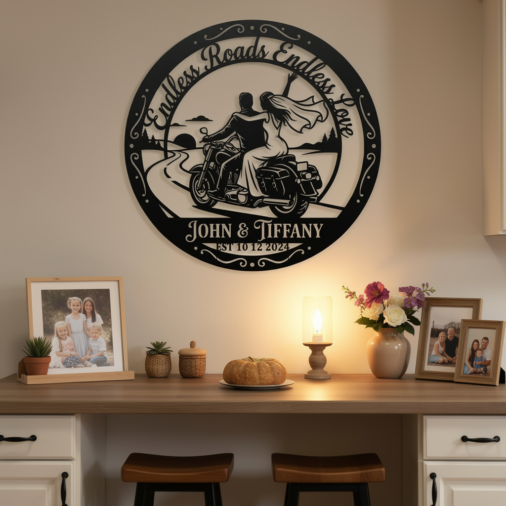 Personalisiertes Motorrad Hochzeitspaar Metallschild rund – Bild 3