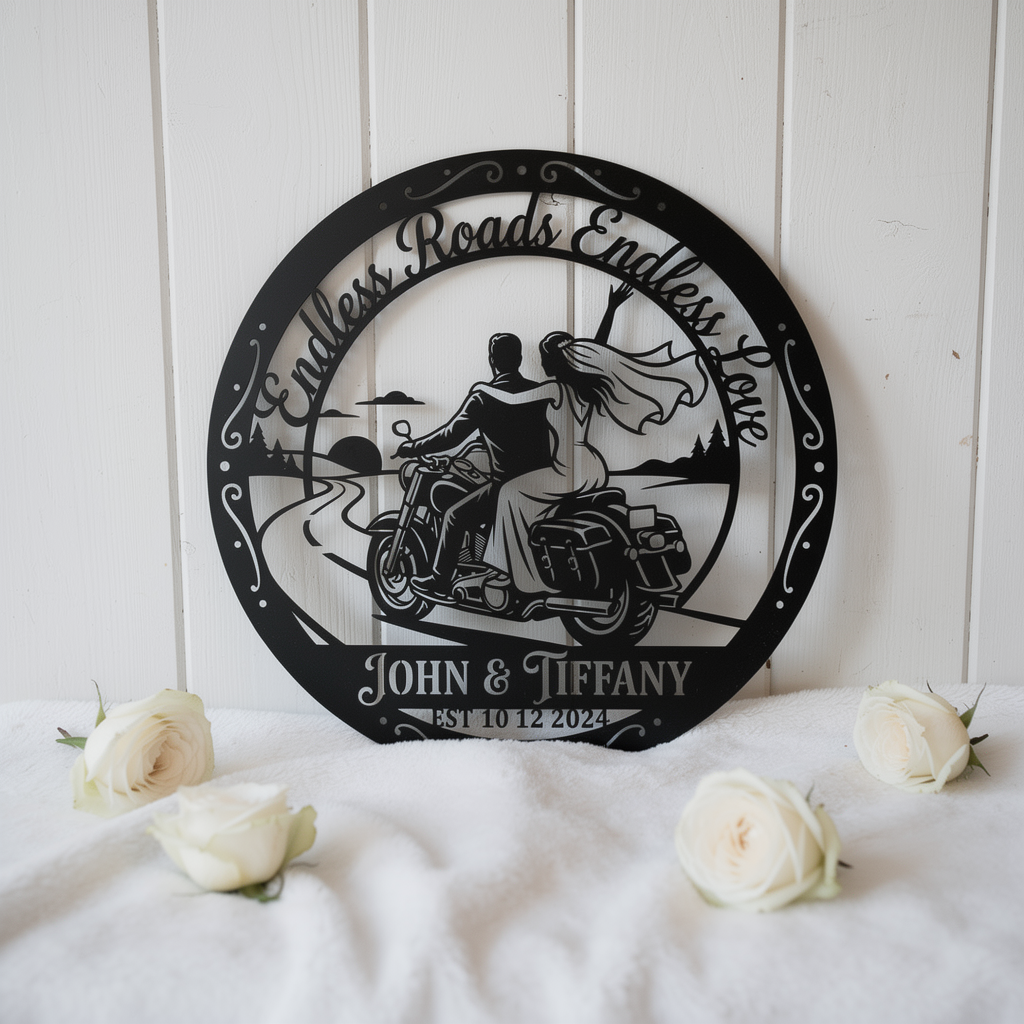 Personalisiertes Motorrad Hochzeitspaar Metallschild rund – Bild 4