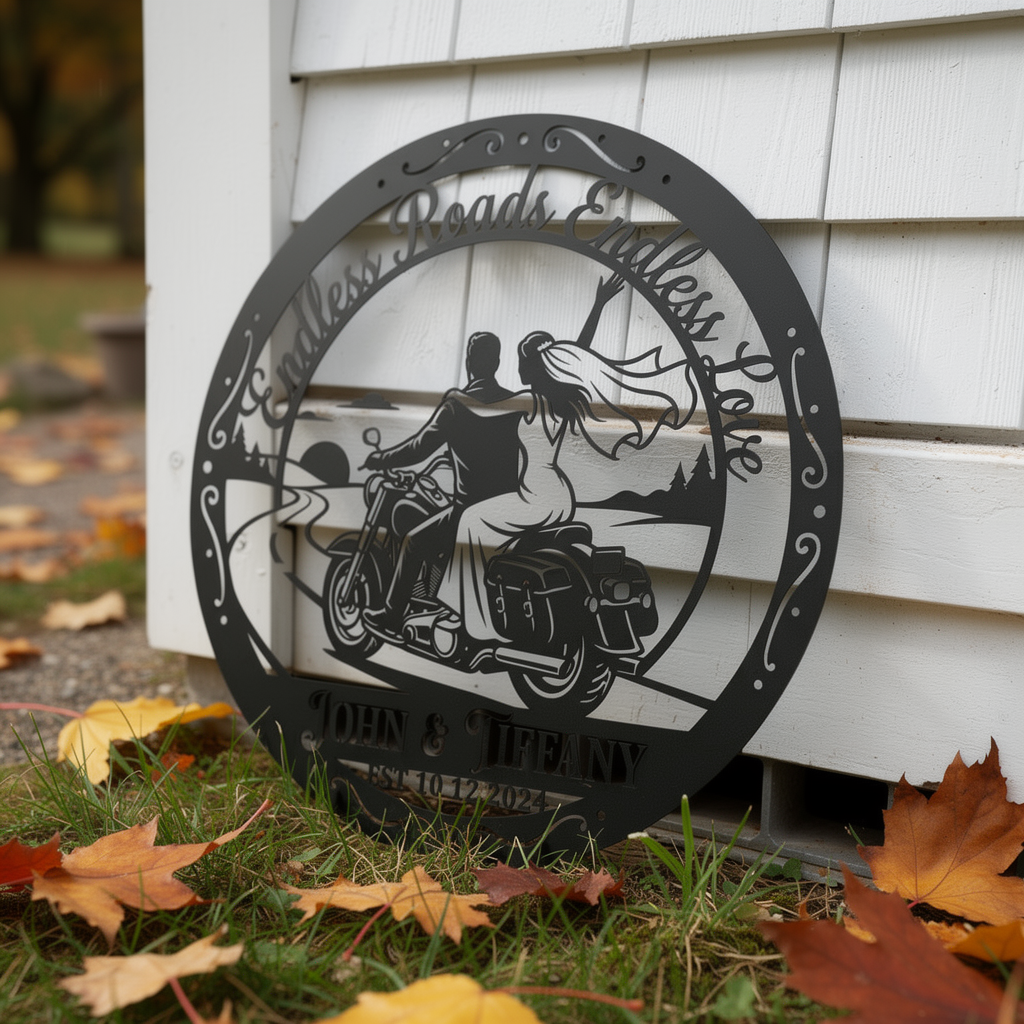 Personalisiertes Motorrad Hochzeitspaar Metallschild rund – Bild 5