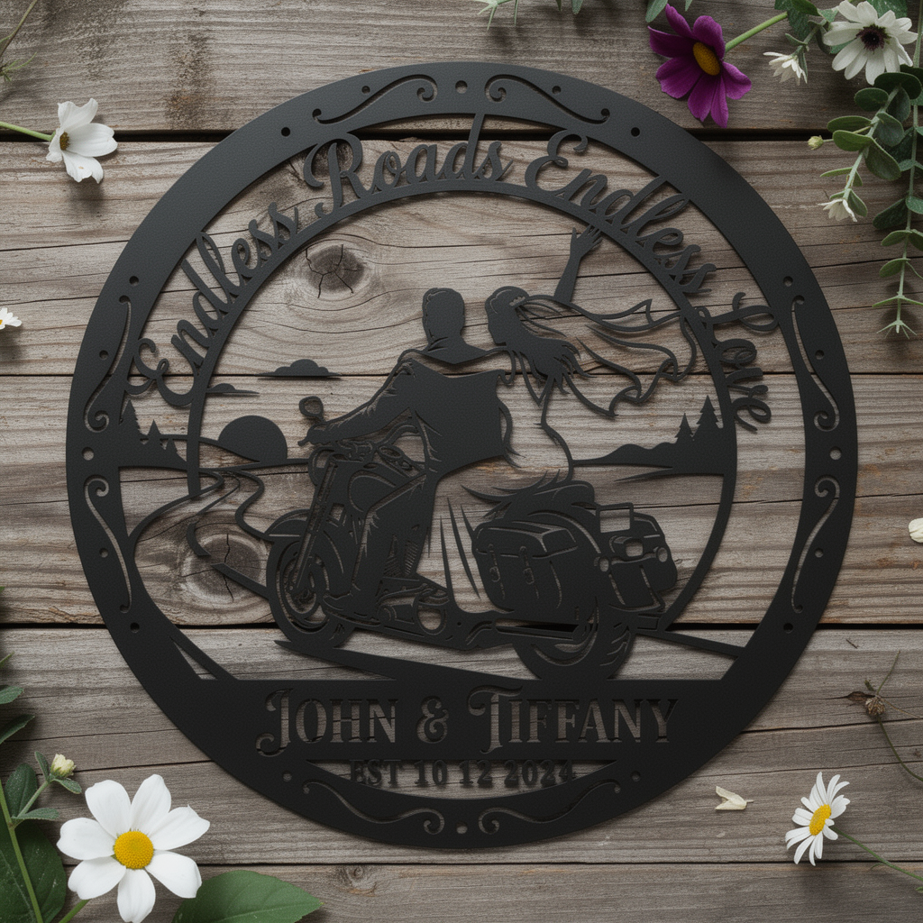 Personalisiertes Motorrad Hochzeitspaar Metallschild rund – Bild 8