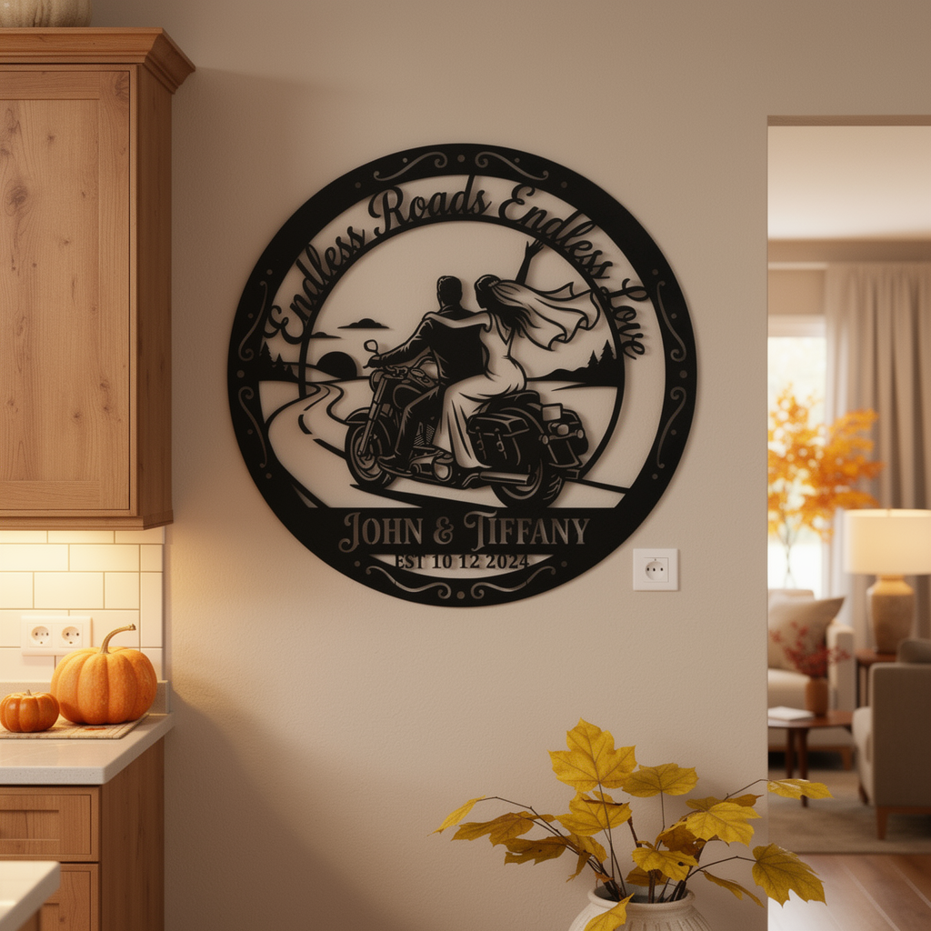 Personalisiertes Motorrad Hochzeitspaar Metallschild rund – Bild 9
