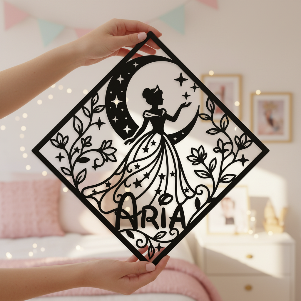Personalisiertes Namensschild Prinzessin auf dem Mond mit Diamant aus schwarzem Stahl