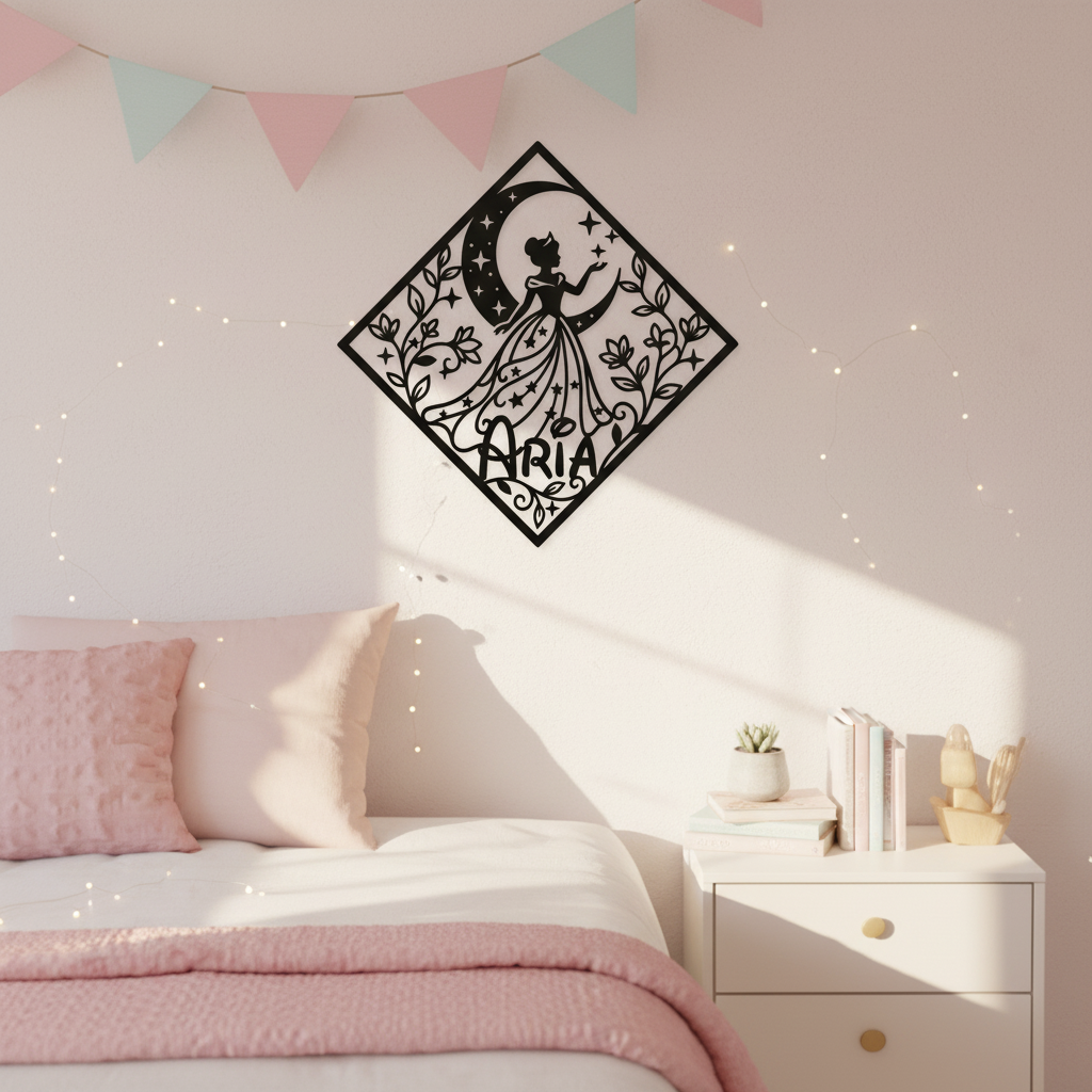 Personalisiertes Namensschild Prinzessin auf dem Mond mit Diamant aus schwarzem Stahl – Bild 10