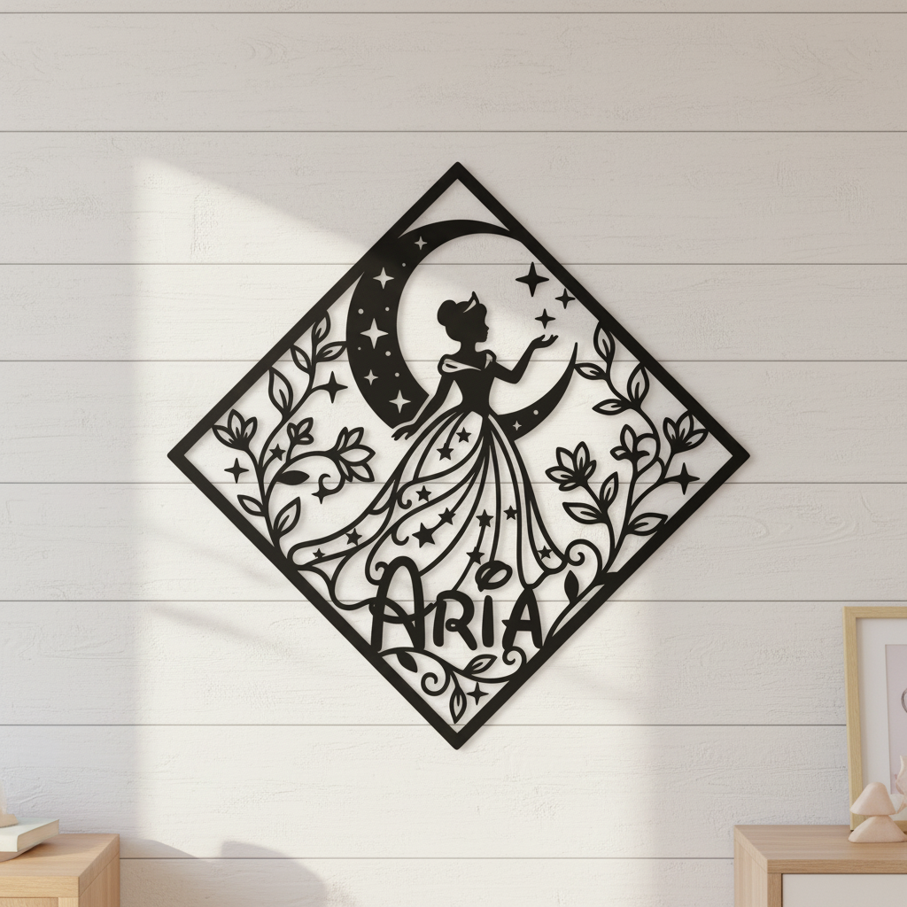 Personalisiertes Namensschild Prinzessin auf dem Mond mit Diamant aus schwarzem Stahl – Bild 11
