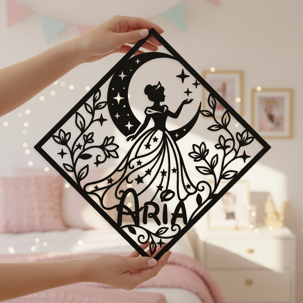 Personalisiertes Namensschild Prinzessin auf dem Mond mit Diamant aus schwarzem Stahl – Bild 12