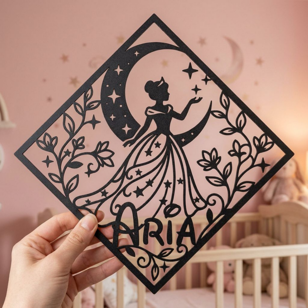 Personalisiertes Namensschild Prinzessin auf dem Mond mit Diamant aus schwarzem Stahl – Bild 13