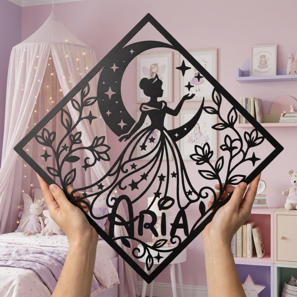 Personalisiertes Namensschild Prinzessin auf dem Mond mit Diamant aus schwarzem Stahl – Bild 15