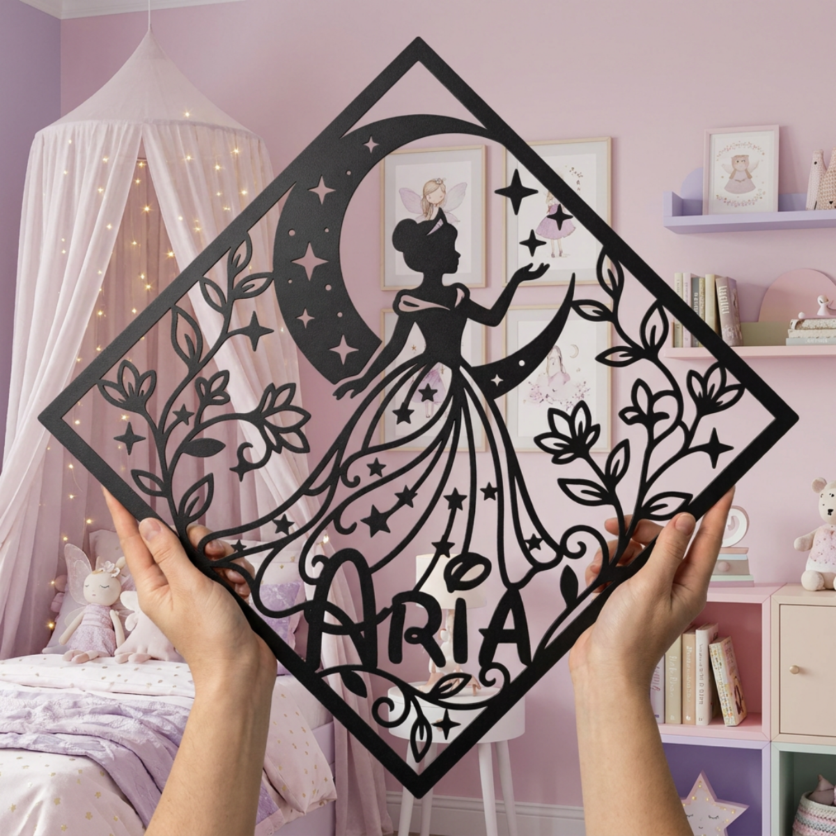 Personalisiertes Namensschild Prinzessin auf dem Mond mit Diamant aus schwarzem Stahl – Bild 15