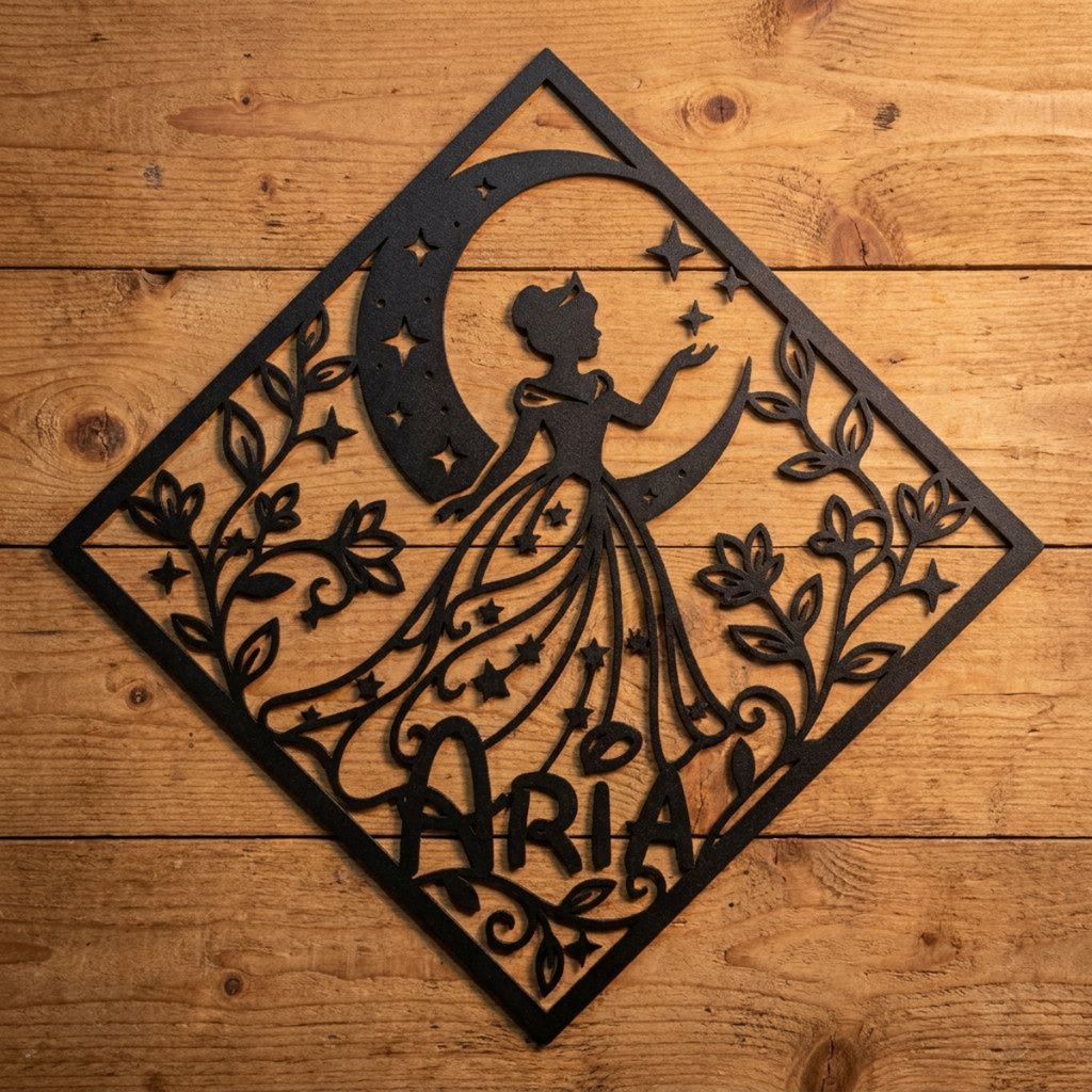 Personalisiertes Namensschild Prinzessin auf dem Mond mit Diamant aus schwarzem Stahl – Bild 16