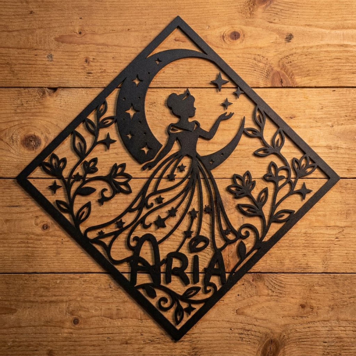 Personalisiertes Namensschild Prinzessin auf dem Mond mit Diamant aus schwarzem Stahl – Bild 16