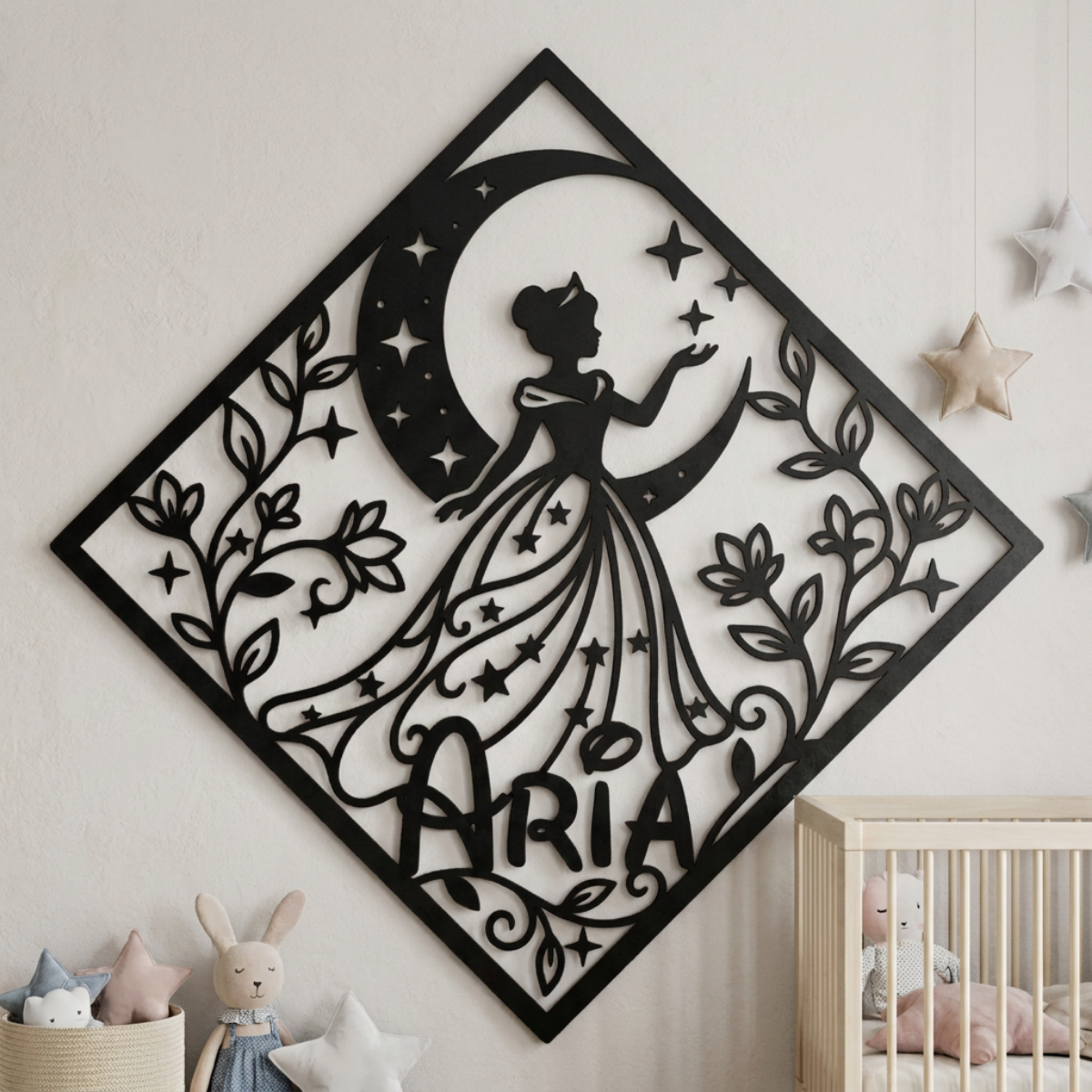 Personalisiertes Namensschild Prinzessin auf dem Mond mit Diamant aus schwarzem Stahl – Bild 17