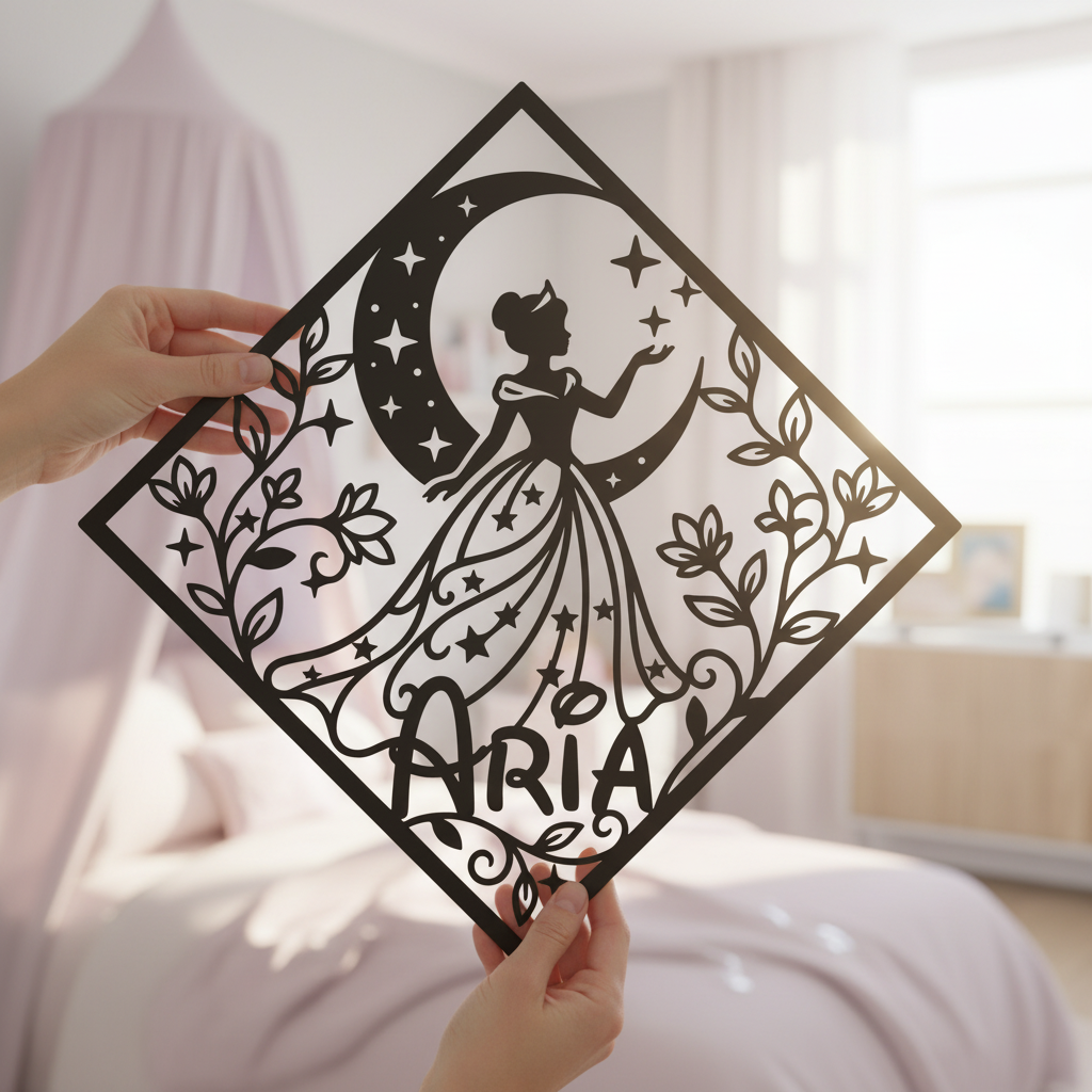 Personalized princess on the moon name sign with diamond in black steel – image 2