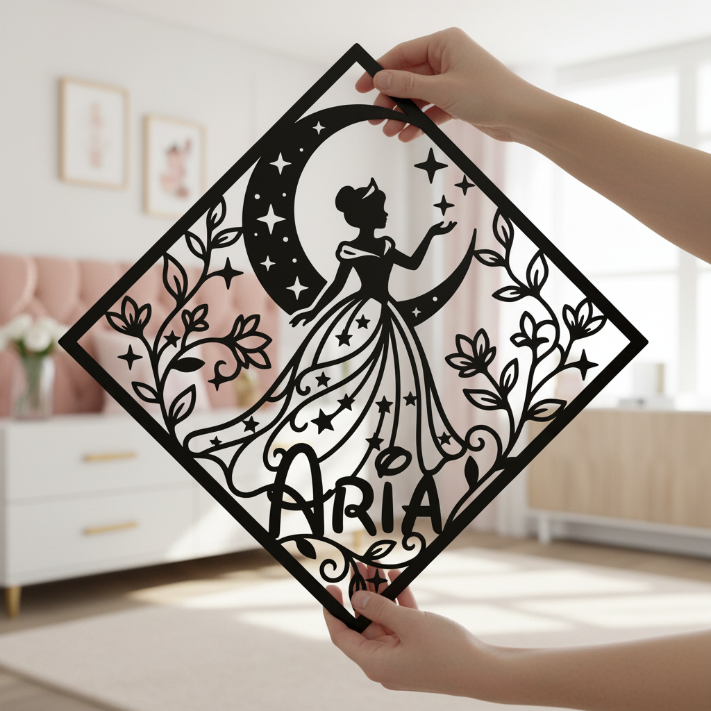 Personalized princess on the moon name sign with diamond in black steel – image 3