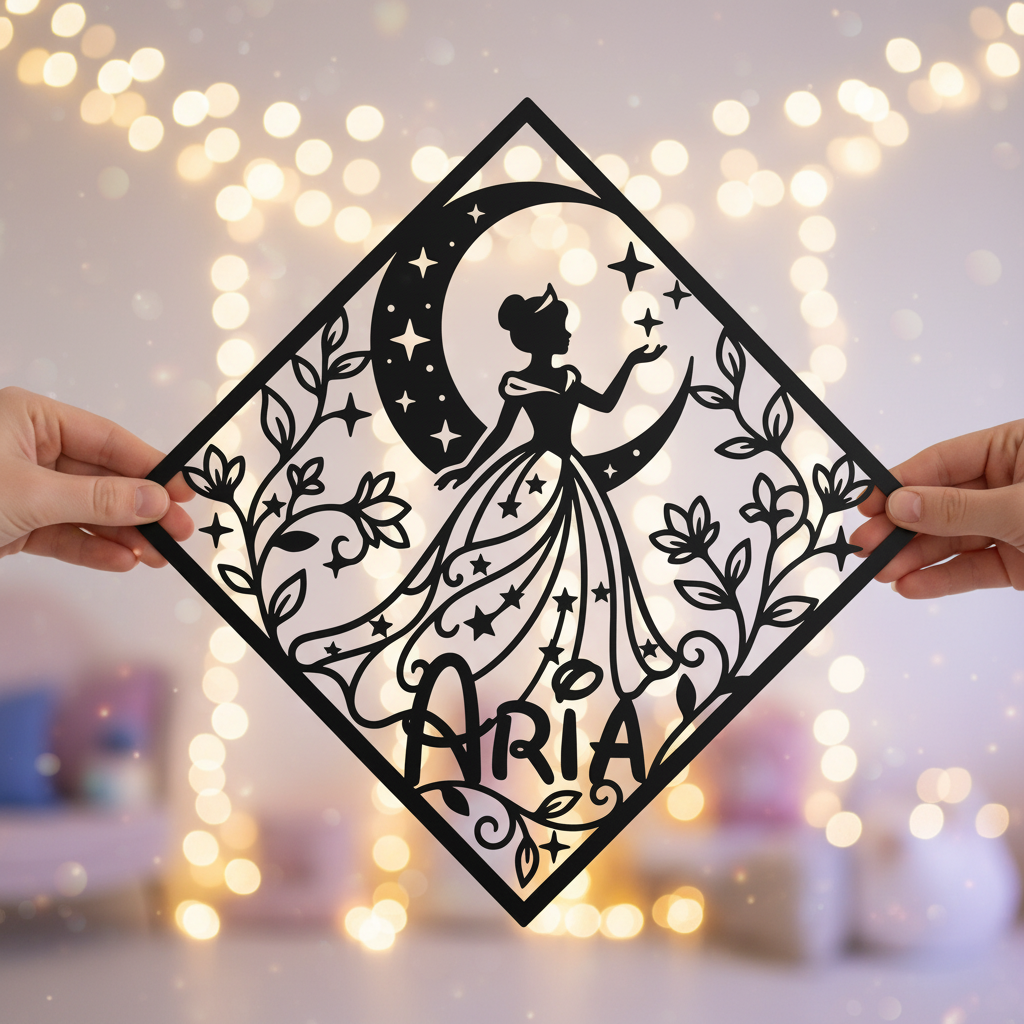 Personalized princess on the moon name sign with diamond in black steel – image 4