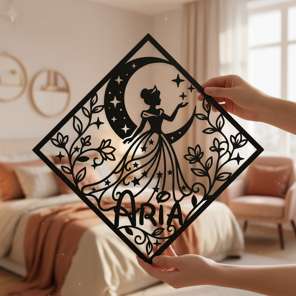 Personalisiertes Namensschild Prinzessin auf dem Mond mit Diamant aus schwarzem Stahl – Bild 6