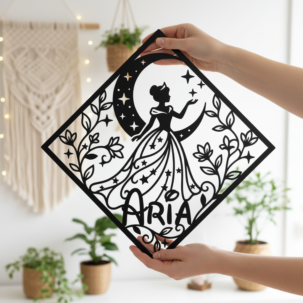 Personalisiertes Namensschild Prinzessin auf dem Mond mit Diamant aus schwarzem Stahl – Bild 8