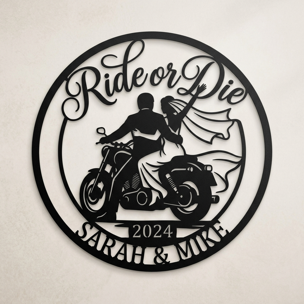 Personalized Ride or Die biker wedding sign with motorcycle and names in black steel – image 2