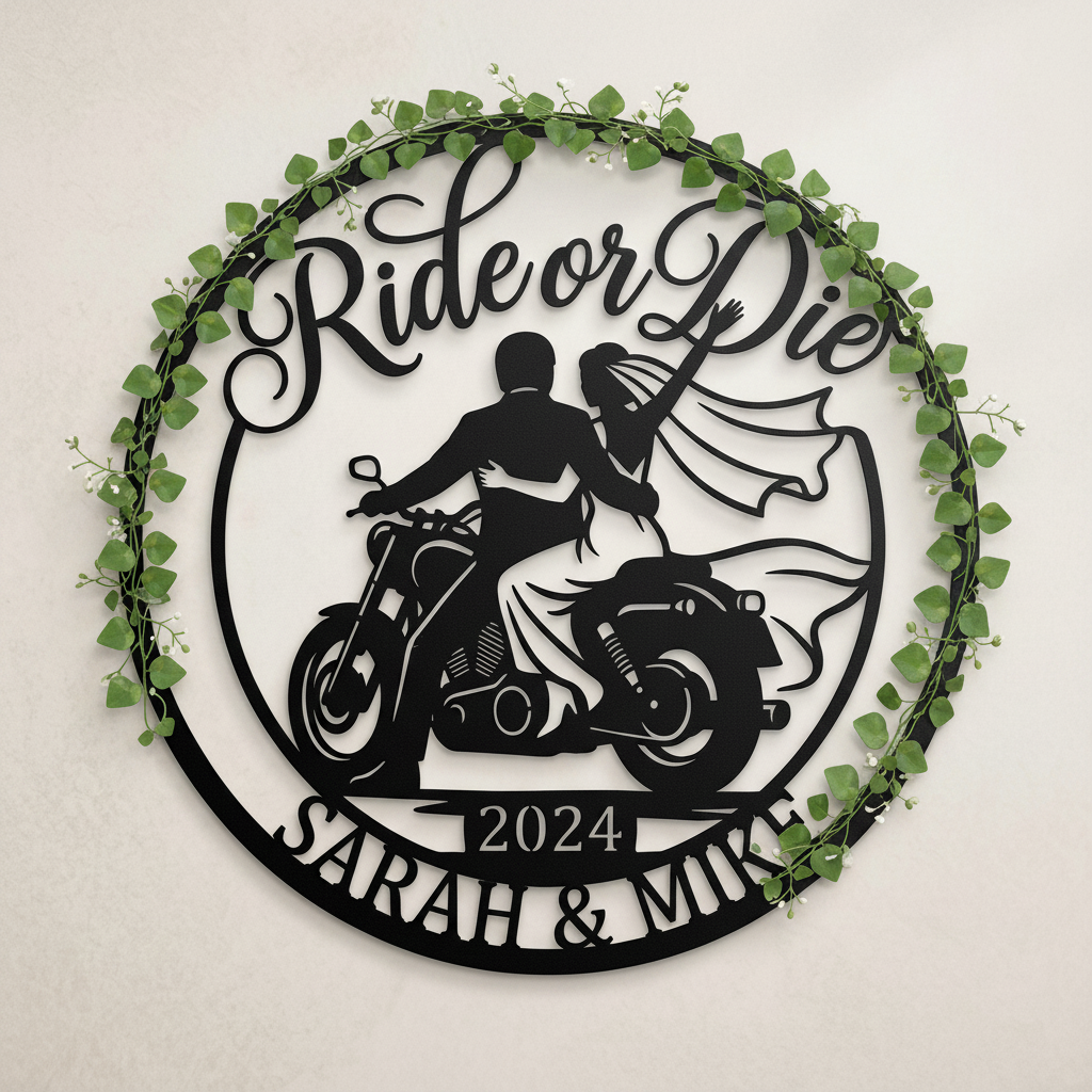 Personalized Ride or Die biker wedding sign with motorcycle and names in black steel – image 11