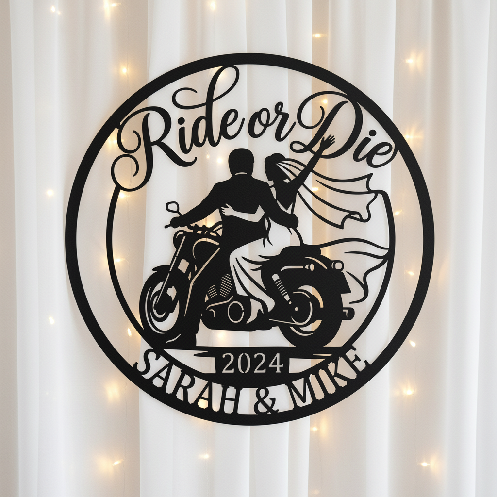Personalized Ride or Die biker wedding sign with motorcycle and names in black steel – image 12