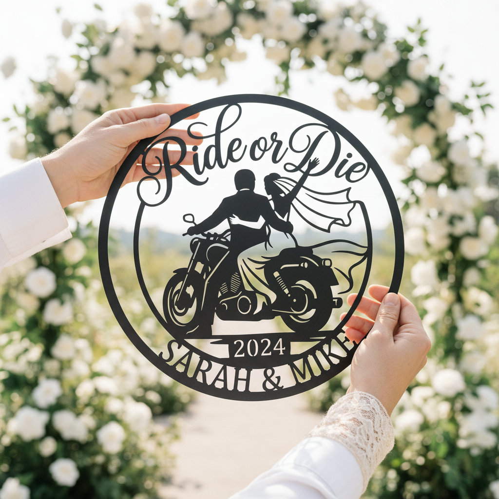 Personalized Ride or Die biker wedding sign with motorcycle and names in black steel – image 14