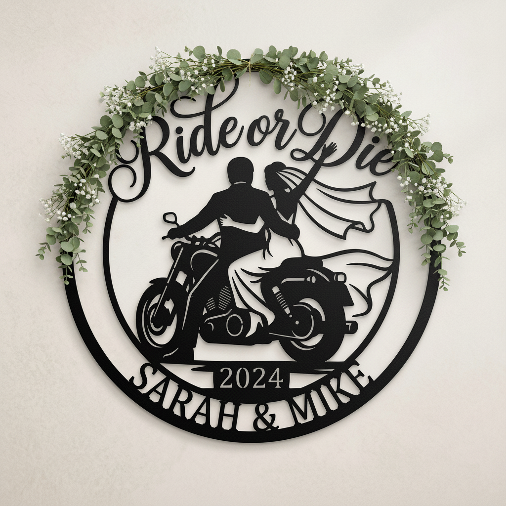 Personalized Ride or Die biker wedding sign with motorcycle and names in black steel – image 15