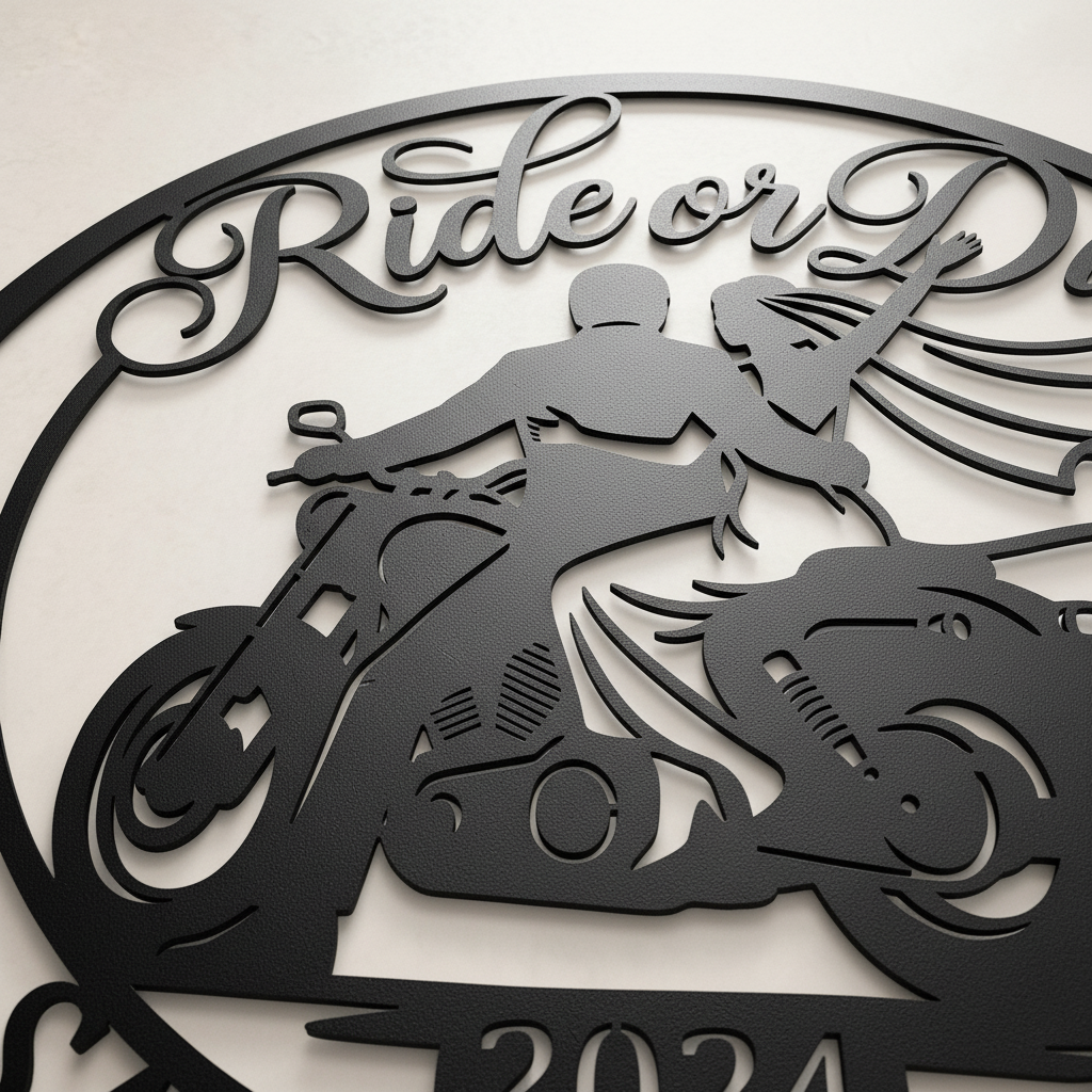Personalized Ride or Die biker wedding sign with motorcycle and names in black steel – image 16