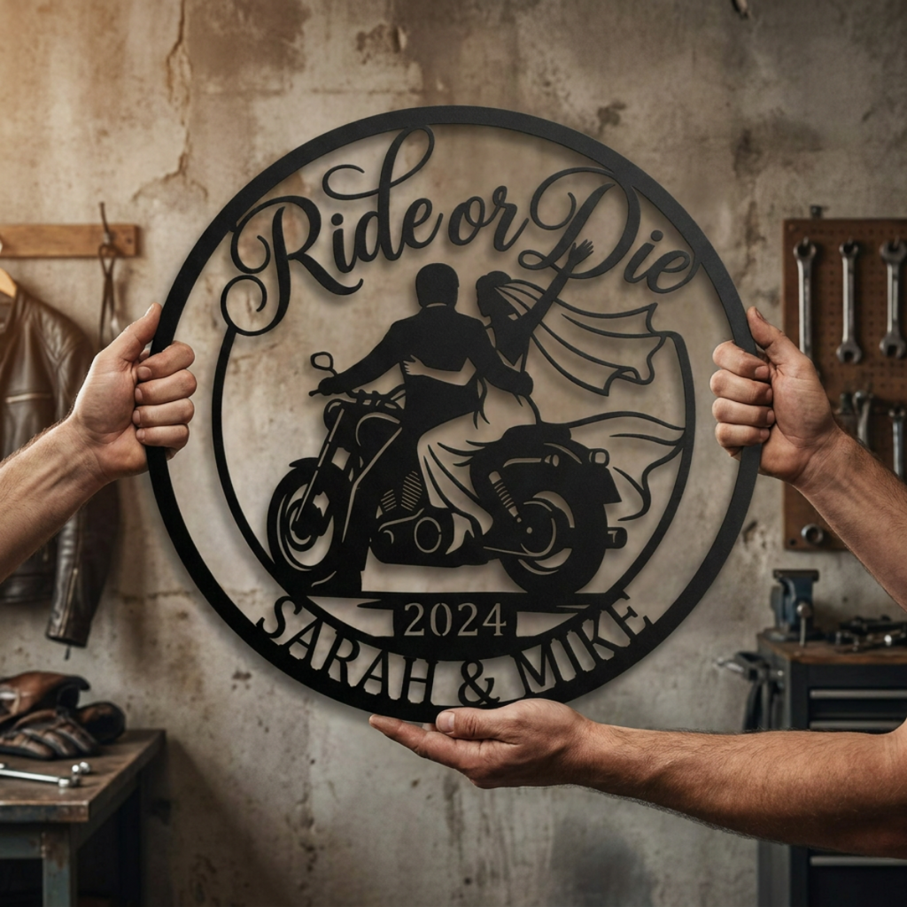 Personalized Ride or Die biker wedding sign with motorcycle and names in black steel – image 18