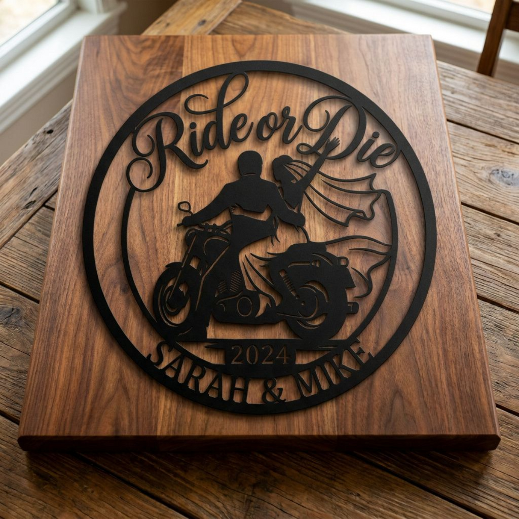 Personalized Ride or Die biker wedding sign with motorcycle and names in black steel – image 19