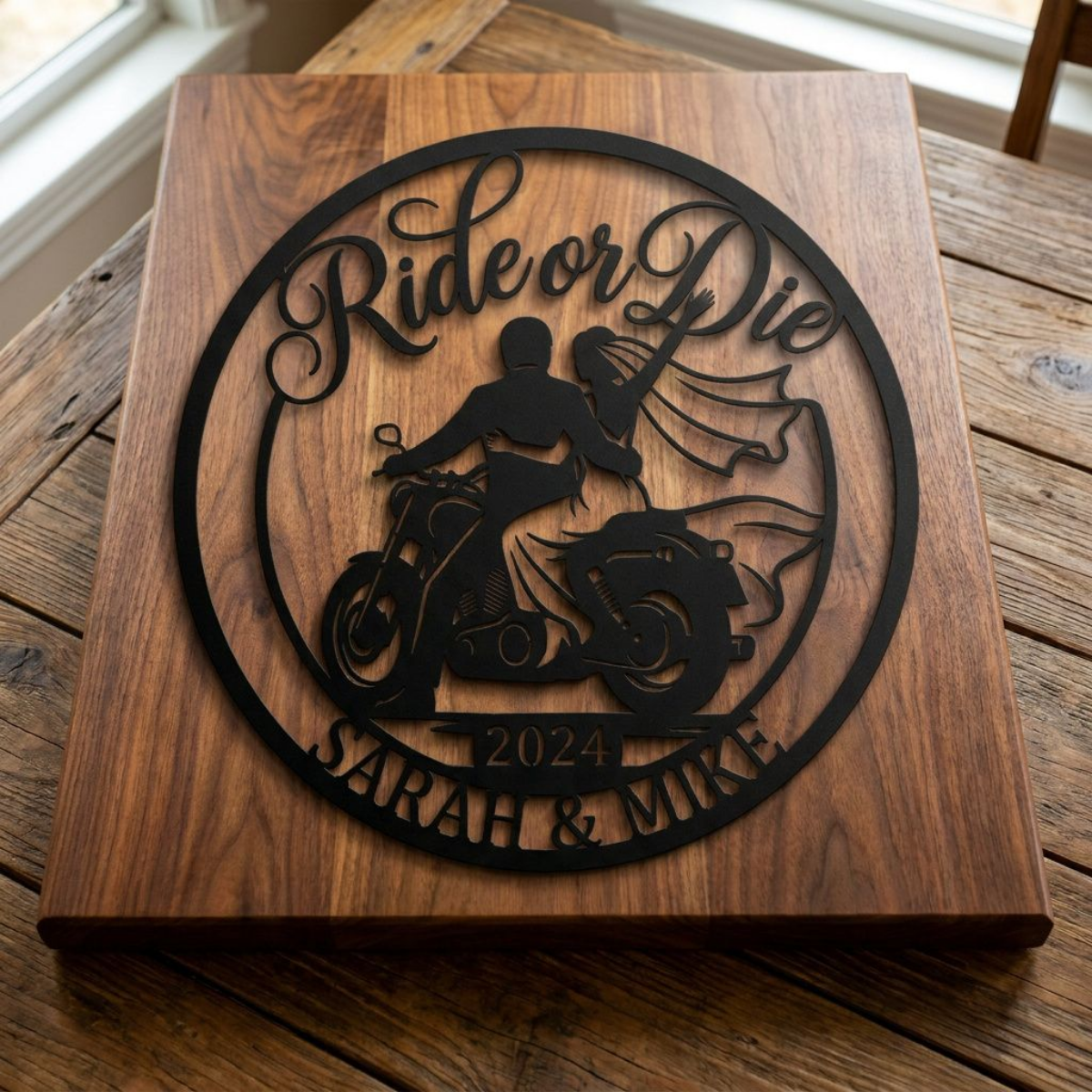 Personalized Ride or Die biker wedding sign with motorcycle and names in black steel – image 19