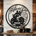 Personalized Ride or Die biker wedding sign with motorcycle and names in black steel