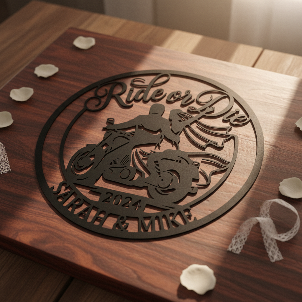 Personalisiertes Ride or Die Biker Hochzeitsschild rund – Bild 3