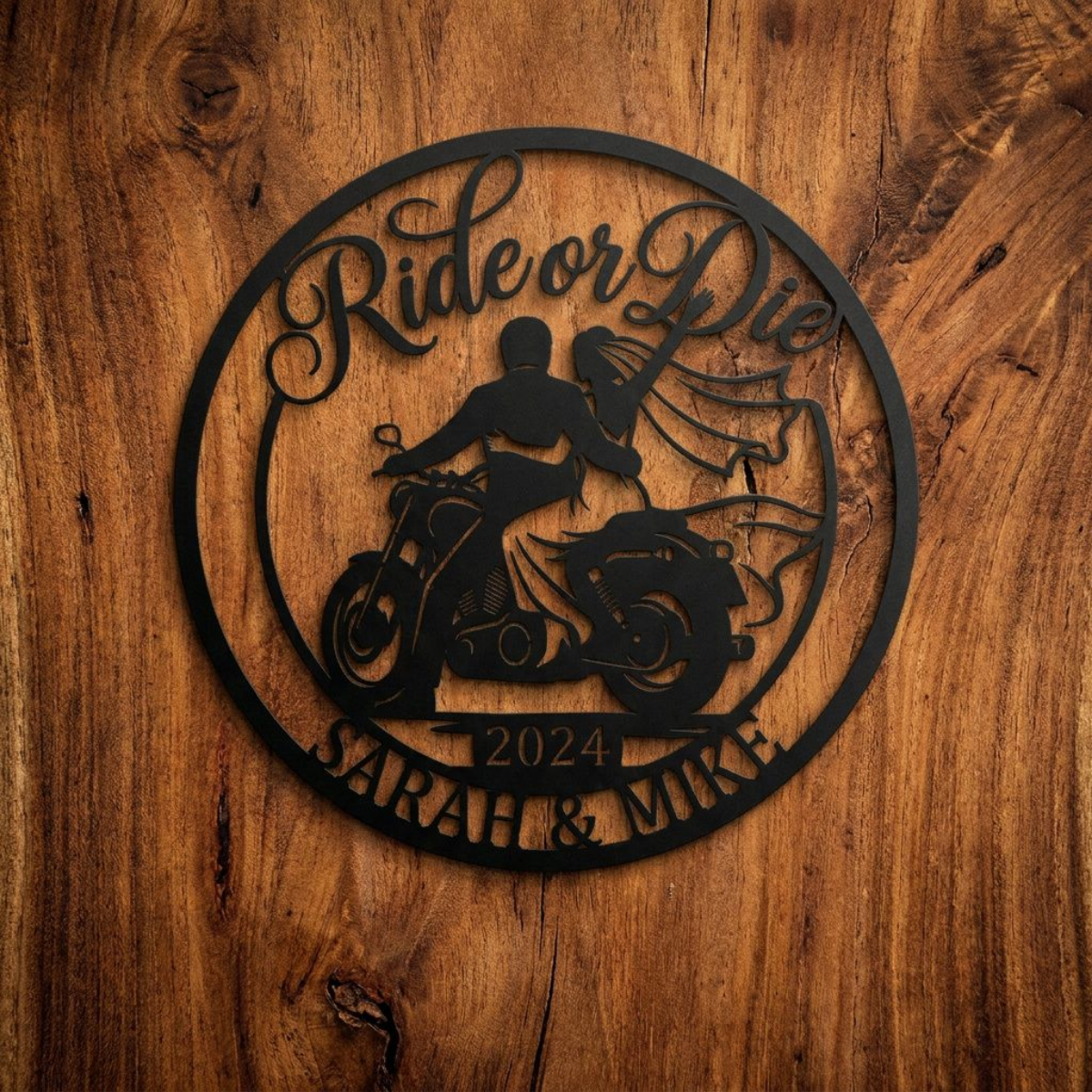Personalized Ride or Die biker wedding sign with motorcycle and names in black steel – image 20