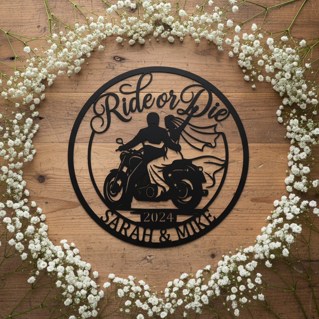 Personalisiertes Ride or Die Biker Hochzeitsschild rund – Bild 4